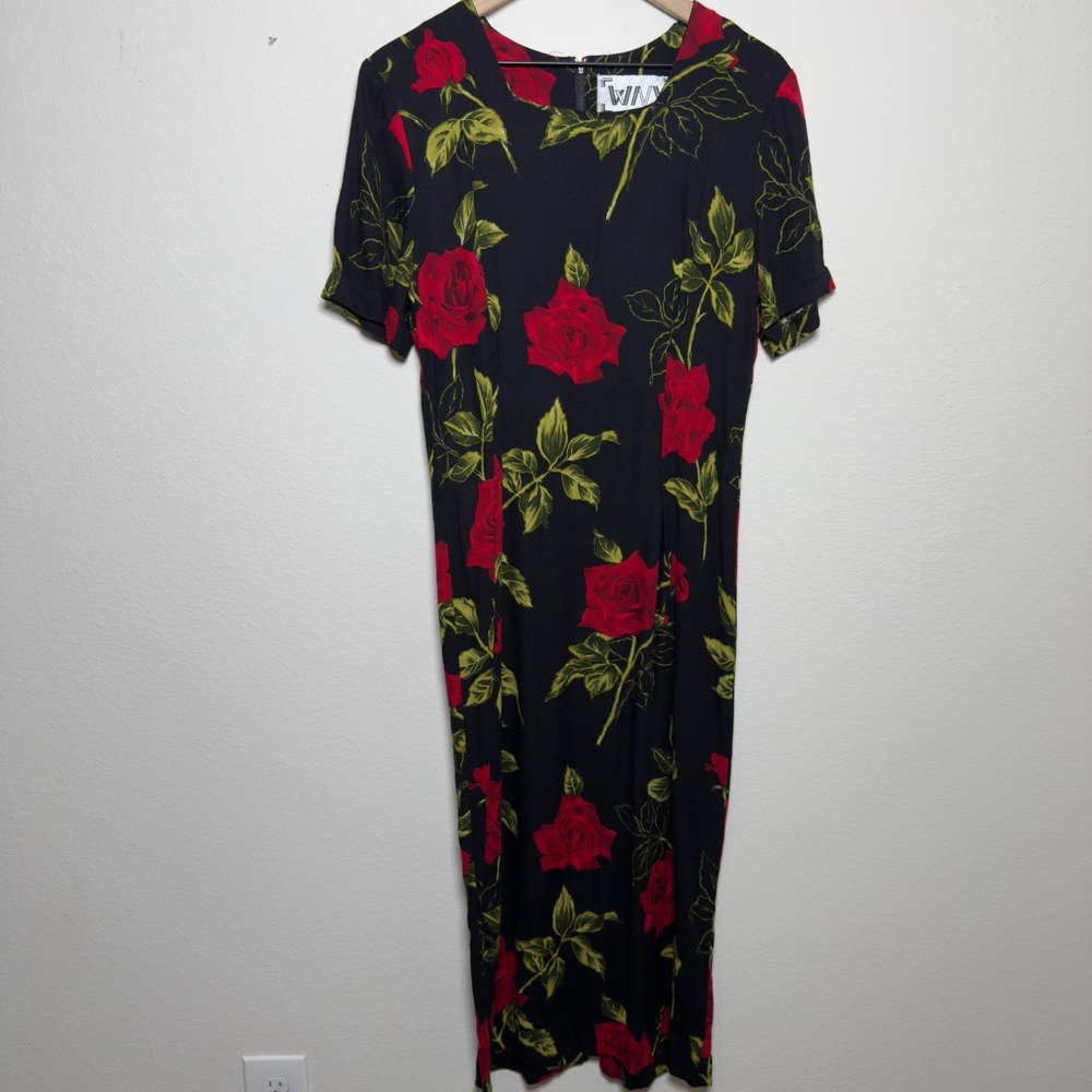 VTG 90s WNY Women Indie Fairy Grunge Maxi Dress Medium Black Roses Short‎ Sleeve